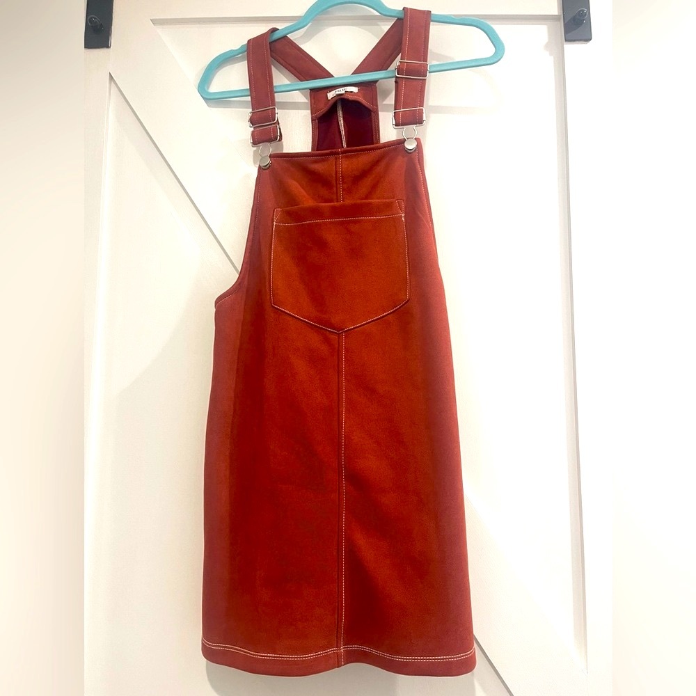 Rust Colored Overall, Skirt Jumper With White Stitching, Size M
